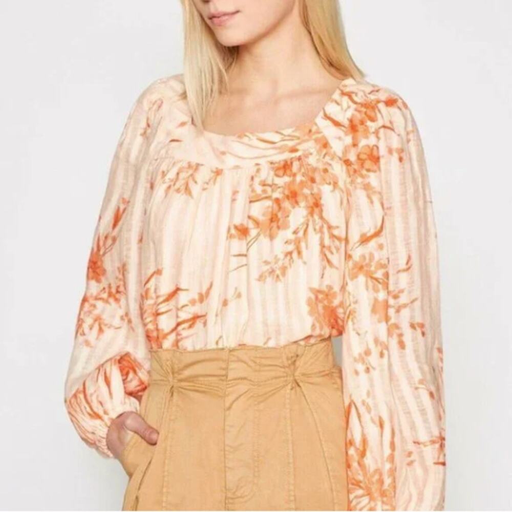 JOIE Cadby Square Neck 100% Linen Pink Floral Balloon Sleeve Blouse // S